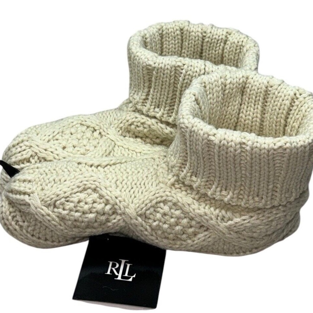 Lauren Ralph Lauren Womens Ivory Cable Knit Bootie Slipper Socks Anti-Slip